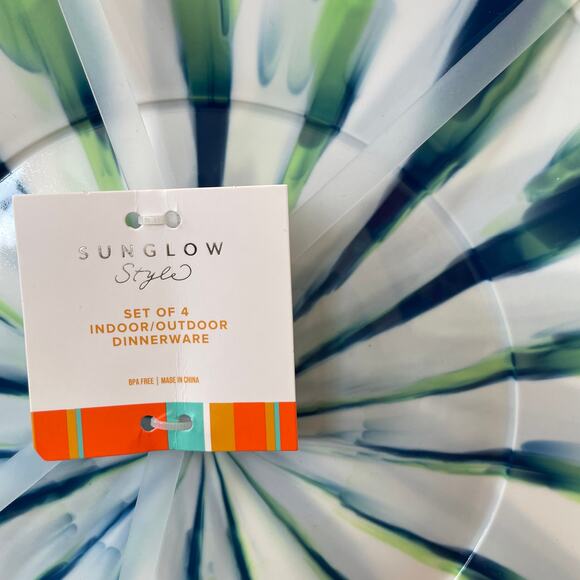 Sunglow Style Ink Stripe Melamine Dinner Plates 11" Blue Green White Set of 4 - Picture 8 of 8